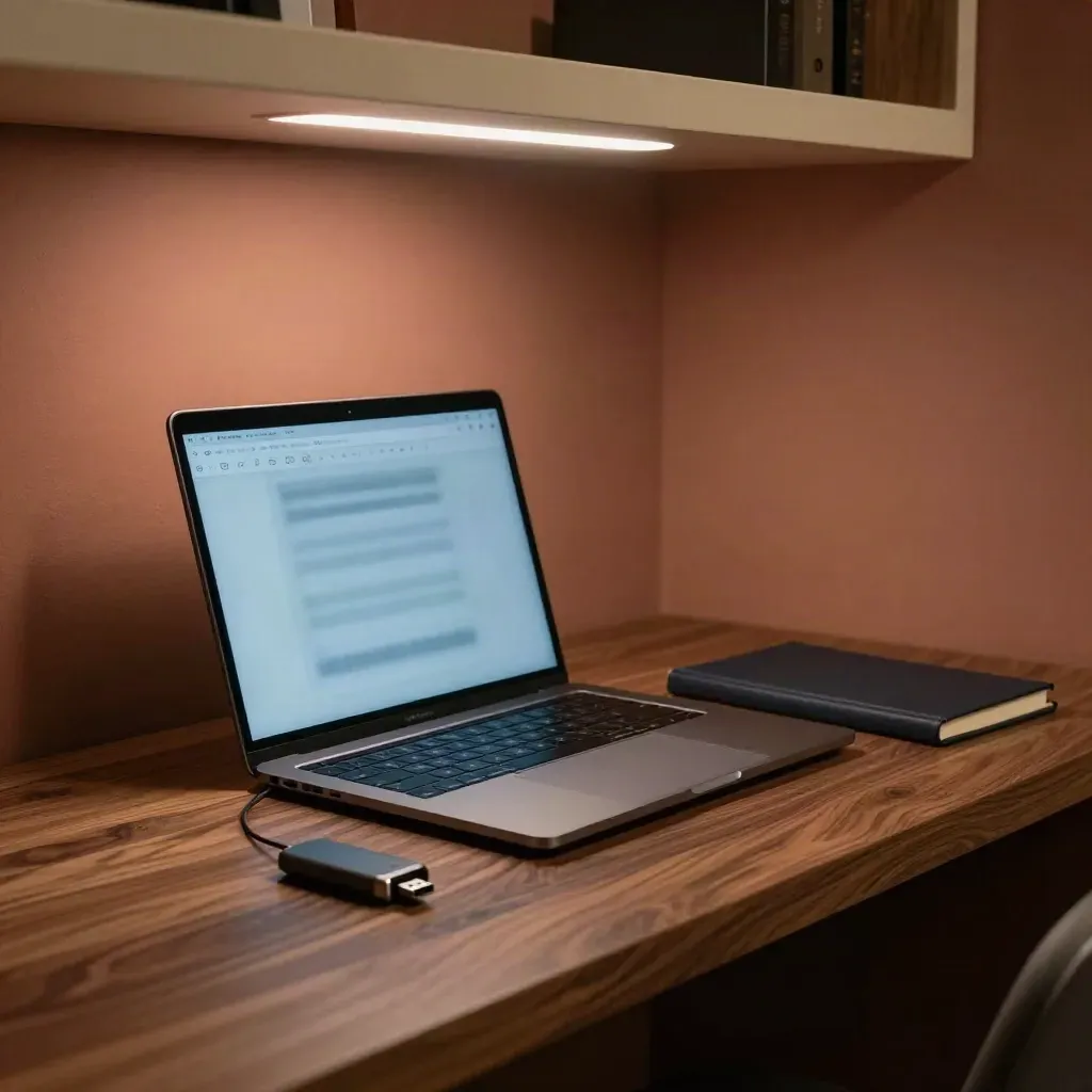 Późnonocny kącik nauki Pythona: laptop, klawiatura, pendrive i ciemny notes w ciepłym półmroku.