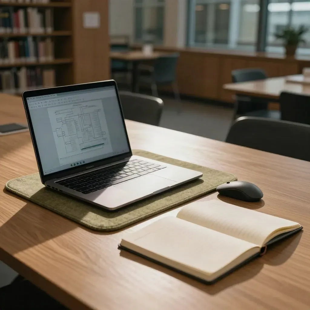 Laptop z rozmytym wykresem, mysz i kremowy notes na długim stole w czytelni